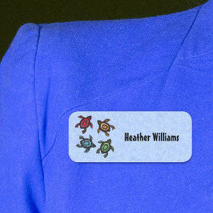 Four Abstract Black Turtles Coloured shells Blue Name Tag
