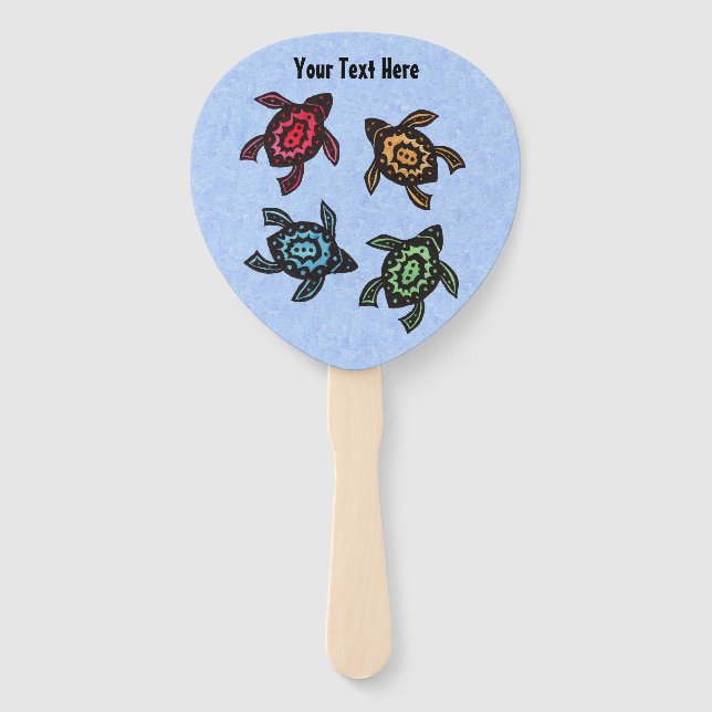 Four Abstract Black Turtles Colourful Shells Blue Hand Fan (Front)