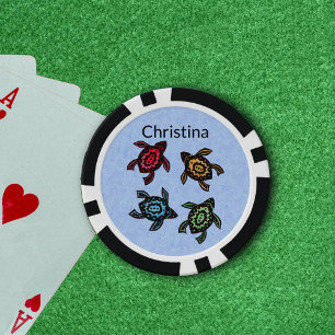 Four Abstract Turtles with Colourful Shells Blue Poker Chips