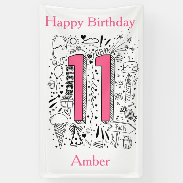 Four age 11th Pink birthday Banner (Vertical)