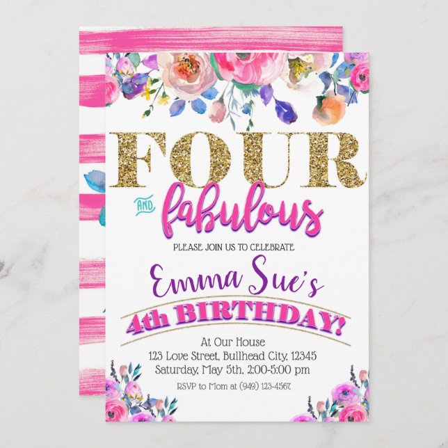 Four and Fabulous Girls Floral 4th Birthday Invitation (Front/Back)