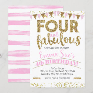 Four and Fabulous Girls Pink & Gold 4th Birthday Invitation