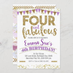Four and Fabulous Girls Purple 4th Birthday Invitation