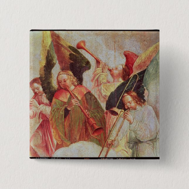 Four angels playing instruments 15 cm square badge (Front)