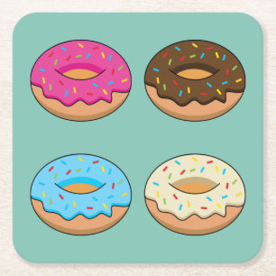 Four Assorted Doughnuts Pattern Square Paper Coaster