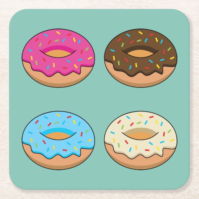 Four Assorted Doughnuts Pattern Square Paper Coaster (Front)