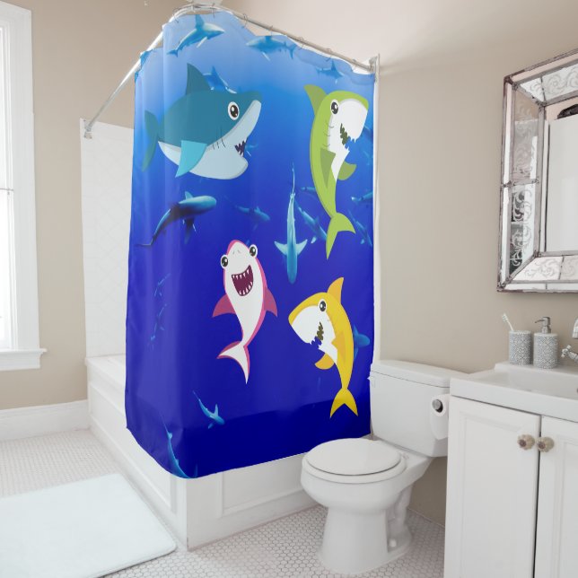 Four Baby Sharks Shower Curtain (In Situ)