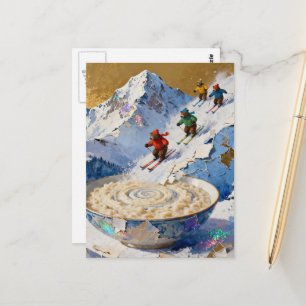 four bears ski down mountain to bowl of porridge postcard