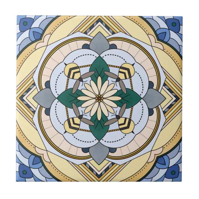 Four Bee Floral Mandala Ceramic Tile (Front)