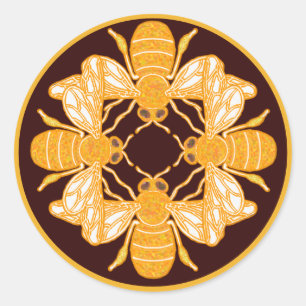 Four bees on dark rich brown gold rim circle classic round sticker