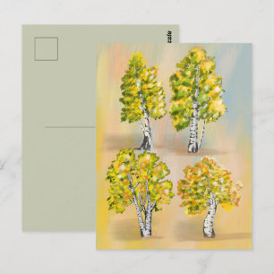 Four birch trees in color, botanical. postcard