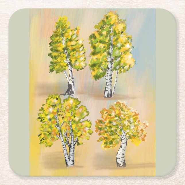 Four birch trees in color, botanical. square paper coaster (Front)