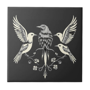 Four Birds on a Branch Illustration Ceramic Tile