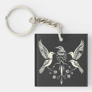 Four Birds on a Branch Illustration Key Ring
