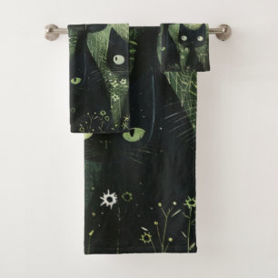 Four Black Cats with Daisies on Mixed Grey  Bath Towel Set