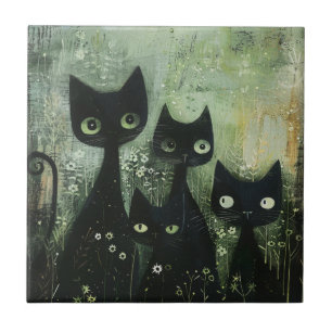Four Black Cats with Daisies on Mixed Grey Ceramic Tile