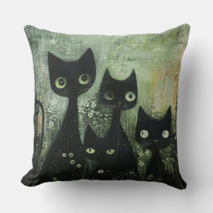 Four Black Cats with Daisies on Mixed Grey Cushion