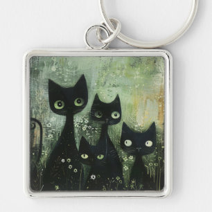 Four Black Cats with Daisies on Mixed Grey Key Ring