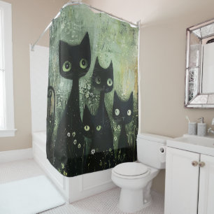 Four Black Cats with Daisies on Mixed Grey Shower Curtain