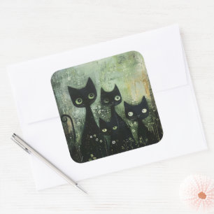 Four Black Cats with Daisies on Mixed Grey Square Sticker