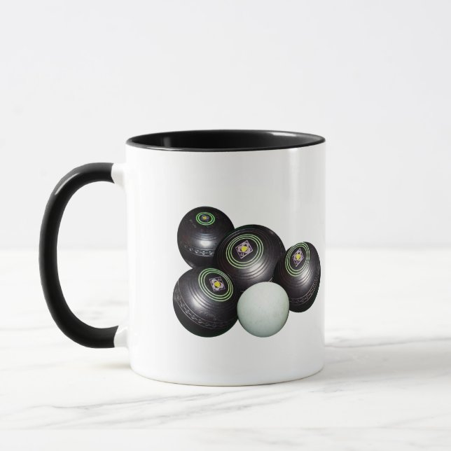 Four Black Lawn Bowls And Kitty, Mug (Left)
