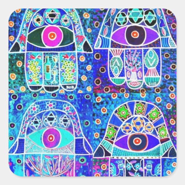 Four Blue Hamsa Vintage Tapastry Judaica Square Sticker (Front)