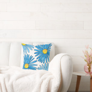 Four Blue Pen and Watercolor Aster Flowers Cushion