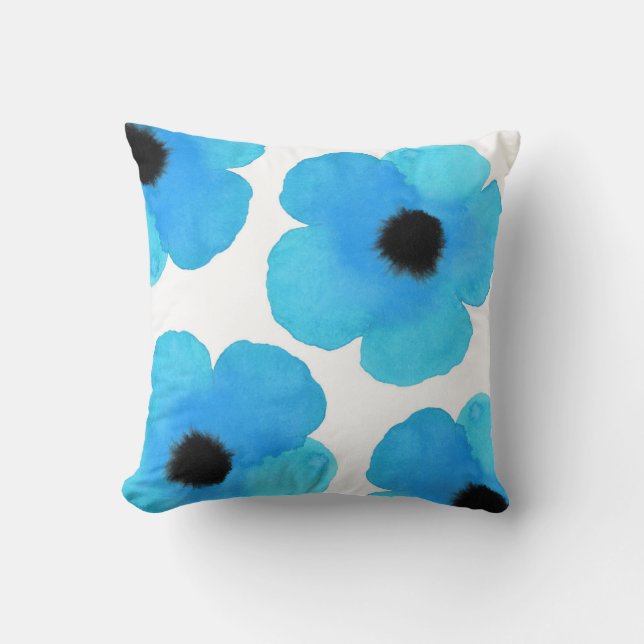 Four Blue Poppies Throw Pillow (Front)