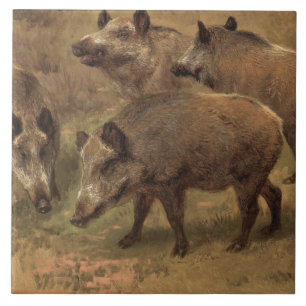 Four Boars in a Grassy Landscape (by Rosa Bonheur) Ceramic Tile