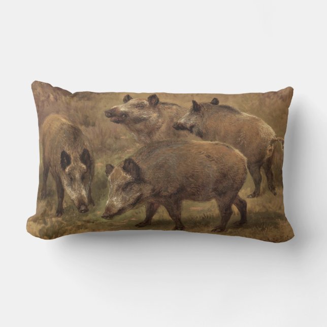 Four Boars in a Grassy Landscape (by Rosa Bonheur) Lumbar Cushion (Front)