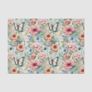 Four Butterflies on Floral Pattern Decoupage Tissue Paper