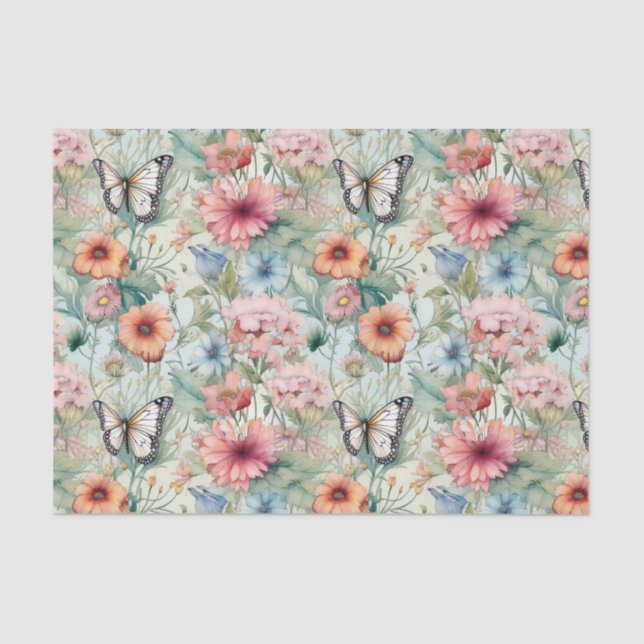 Four Butterflies on Floral Pattern Decoupage Tissue Paper (Front)