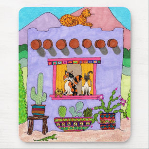 Four Cats at a Purple Adobe House Mouse Pad