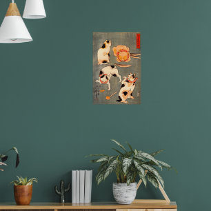 Four Cats Different Poses Illustrating Japanese  Poster