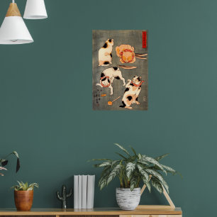 Four Cats in Different Poses Illustrating Japanese Poster