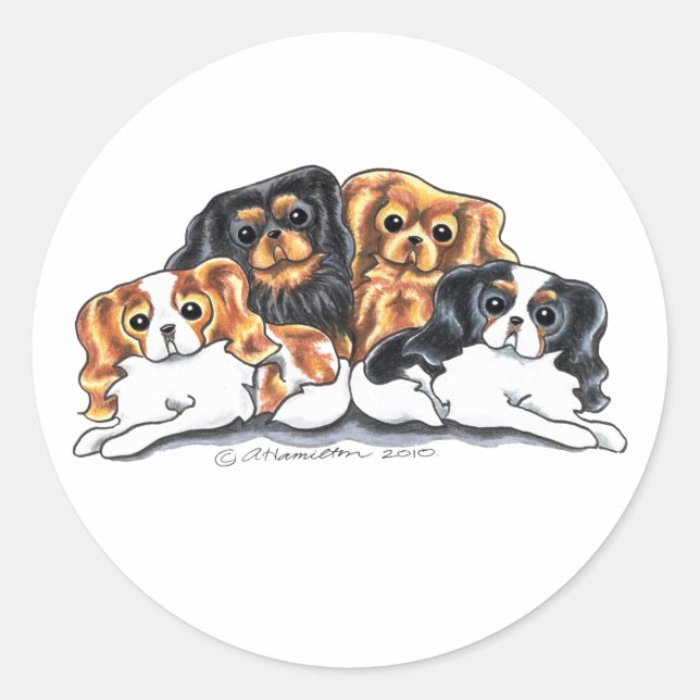 Four Cavalier King Charles Spaniels Classic Round Sticker (Front)