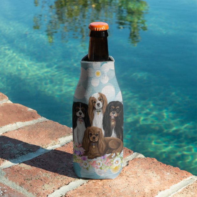 Four Cavalier King Charles Spaniels in Flowers     Bottle Cooler (In Situ Pool)