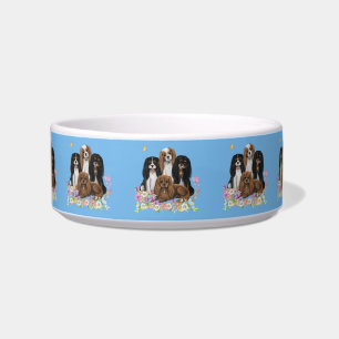 Four Cavalier King Charles Spaniels in Flowers    Bowl