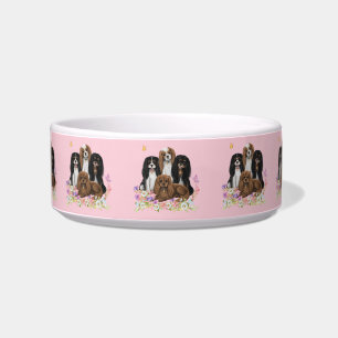 Four Cavalier King Charles Spaniels in Flowers     Bowl