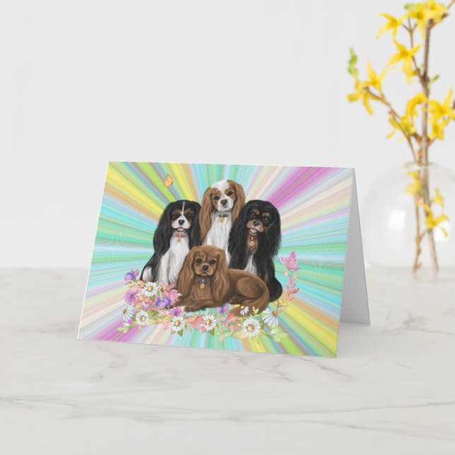 Four Cavalier King Charles Spaniels in Flowers     Card (Yellow Flower)