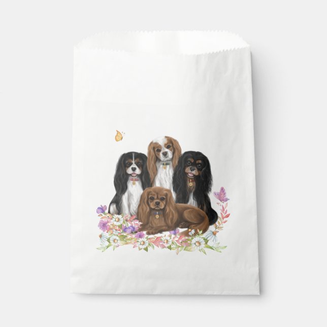 Four Cavalier King Charles Spaniels in Flowers     Favour Bag (Front)