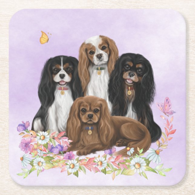 Four Cavalier King Charles Spaniels in Flowers  Square Paper Coaster (Front)