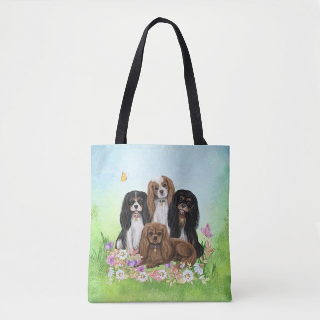 Four Cavalier King Charles Spaniels in Flowers   Tote Bag (Front)