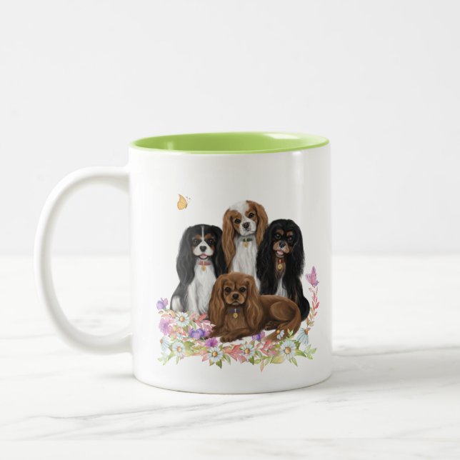 Four Cavalier King Charles Spaniels in Flowers  Two-Tone Coffee Mug (Left)