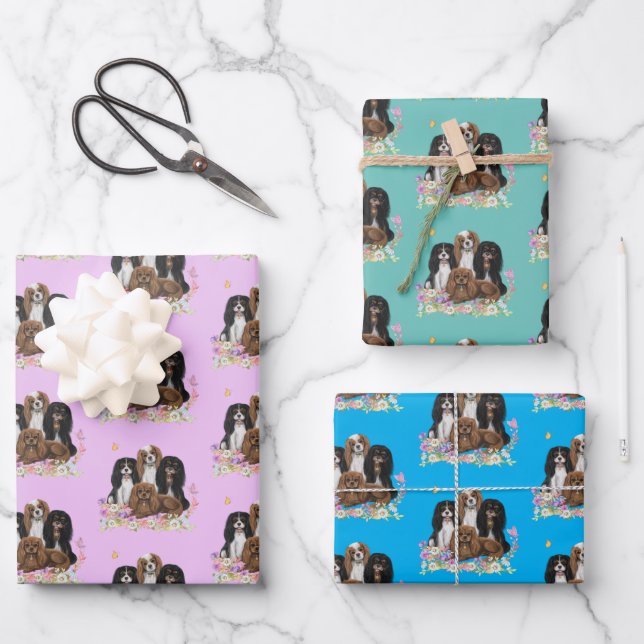 Four Cavalier King Charles Spaniels in Flowers   Wrapping Paper Sheet (Front)