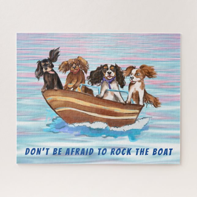 Four Cavalier King Charles Spaniels on a Boat Jigsaw Puzzle (Horizontal)