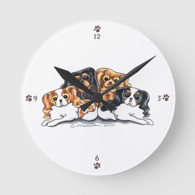 Four Cavalier King Charles Spaniels Round Clock (Front)