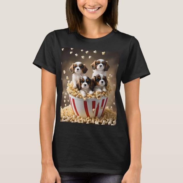 Four Cavalier Spaniel Puppies In The Popcorn, T-Shirt (Front)