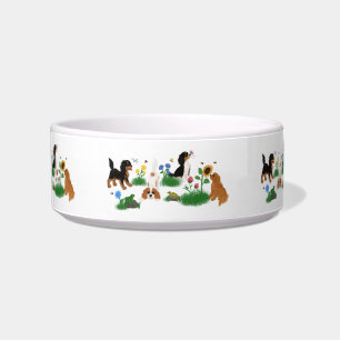 Four Cavalier Spaniels in a Field of Flowers Bowl