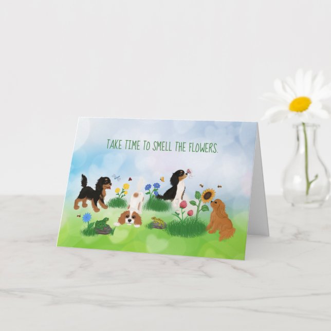 Four Cavalier Spaniels in a Field of Flowers Card (Small Plant)